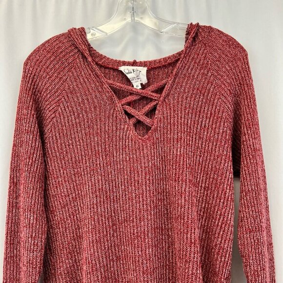 Sadie & Sage Womens Sweater Red Marled Long Sleeve Hi Low V Neck Hooded S - Picture 6 of 10